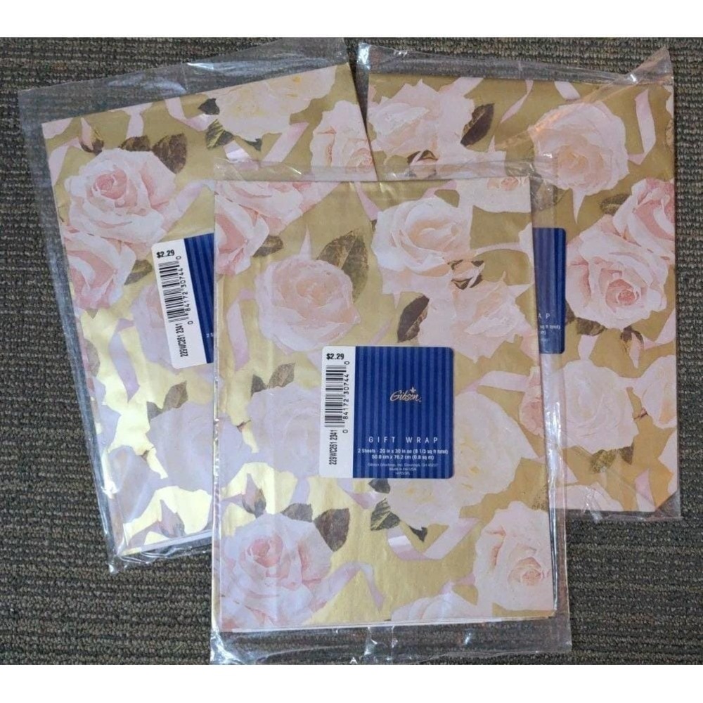 Vtg Pink & White Rose Gift Wrap Gibson 3‎ Pk 6 Sheets NOS Flowers Metallic Gold